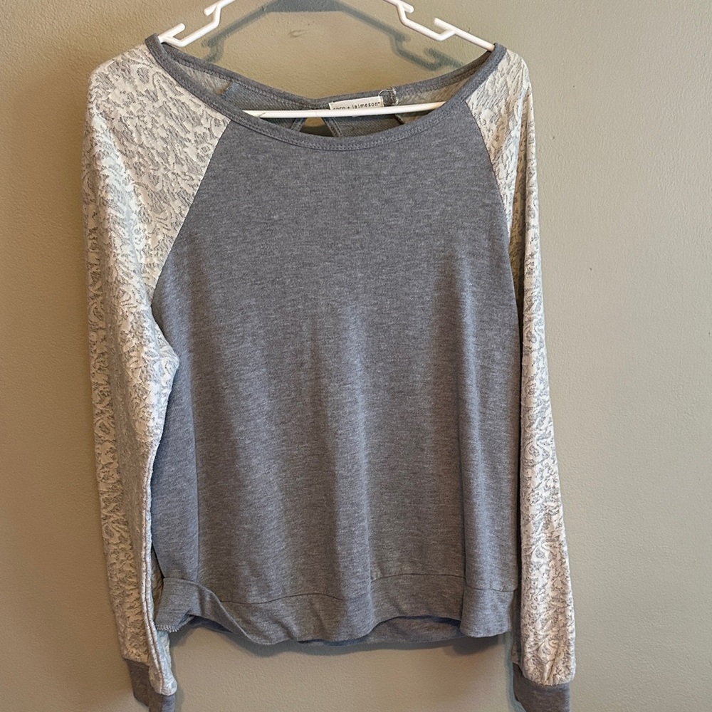 Gray and White Lace Sleeve Women's Top